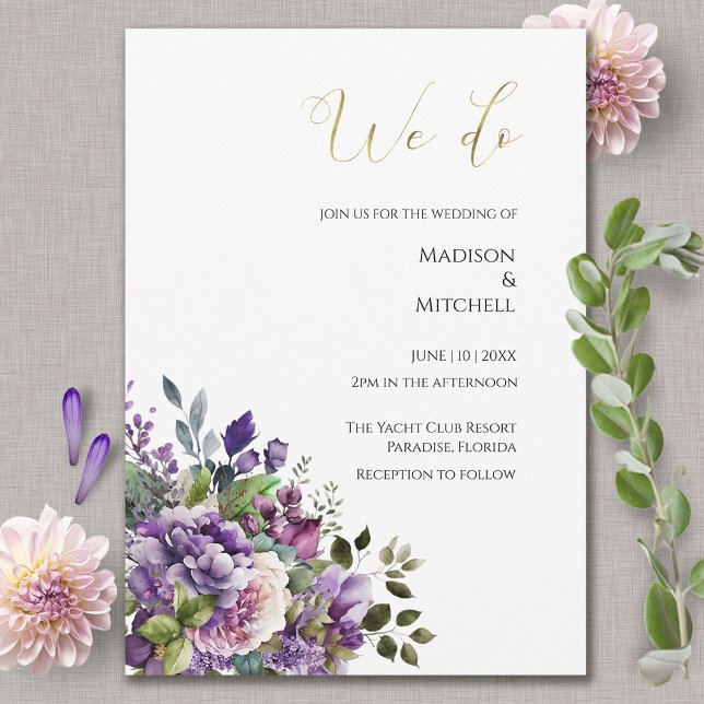Purple Violet Watercolor Bouquet Gold Wedding Invitation (Creator Uploaded)