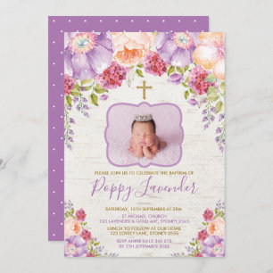 Purple Violet Watercolor Floral Baptism Communion Invitation
