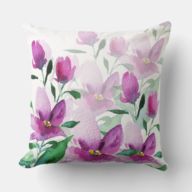 Purple Violet Watercolor Floral Hand-painted Cushion (Front)