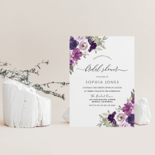 Purple Violet Watercolor Flowers Bridal Shower Invitation