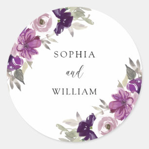 Purple Violet Watercolor Flowers Wedding Couples Classic Round Sticker