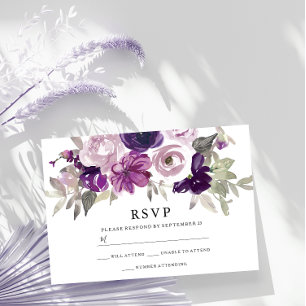 Purple Violet Watercolor Flowers Wedding  Details Enclosure Card
