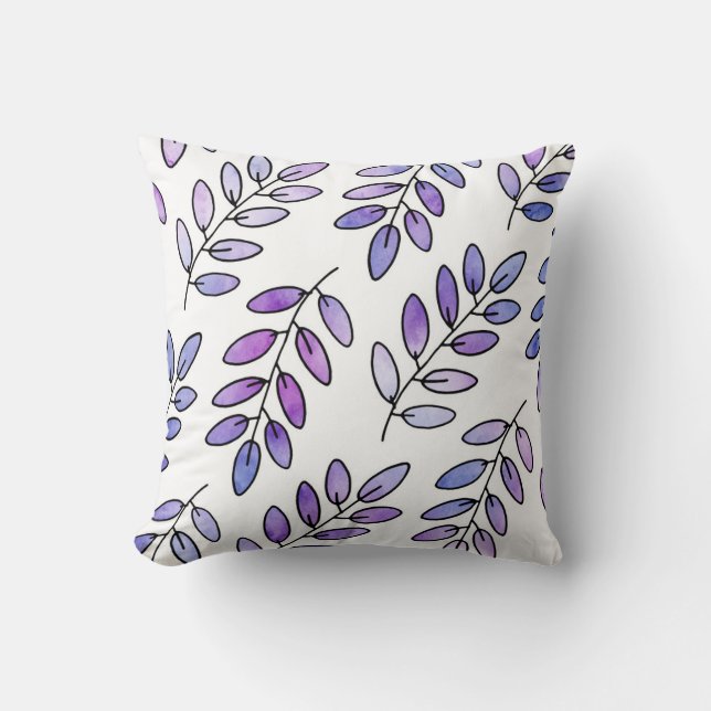 Purple Violet Watercolor Leaves Cushion (Front)