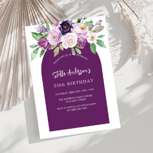 Purple violet watercolored florals birthday invitation