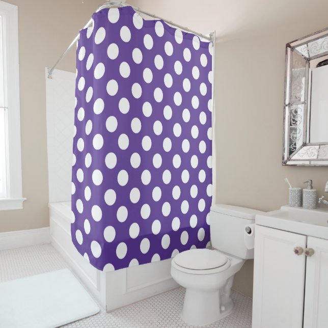 Purple Violet & White Polka Dots Shower Curtain (In Situ)