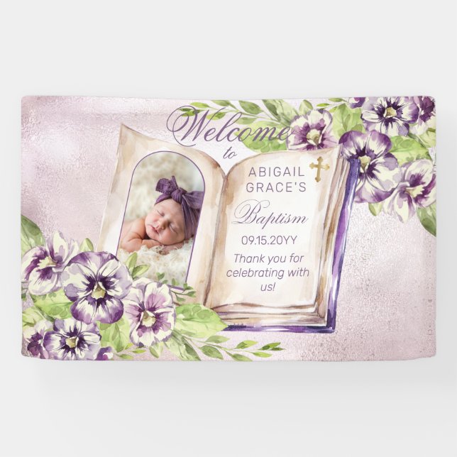 Purple Violets Arched Photo Unique Baptism Banner (Horizontal)