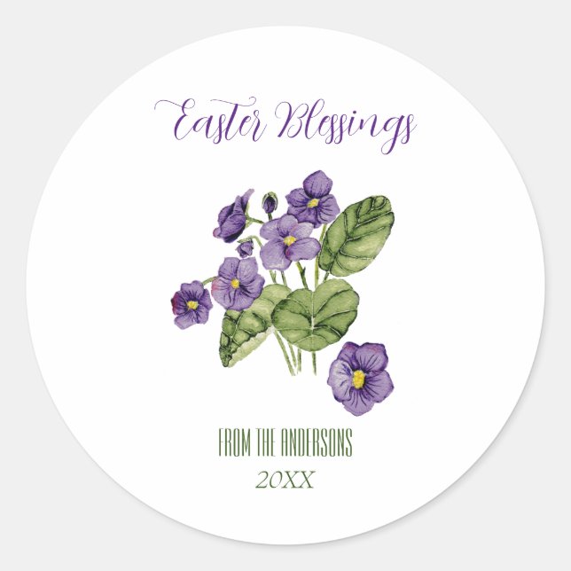 Purple violets Easter blessings  Classic Round Sti Sticker (Front)