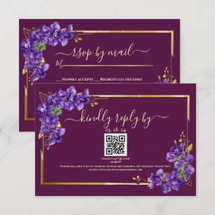 Purple Violets Elegant Gold Frame Burgundy RSVP Card