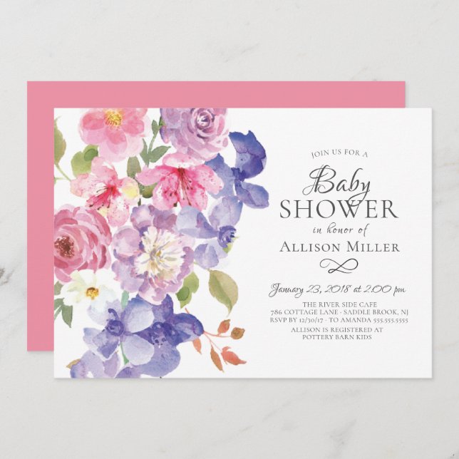 Purple Violets Floral BABY Shower Invitations (Front/Back)