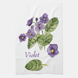 Purple violets green leaves watercolor tea towel