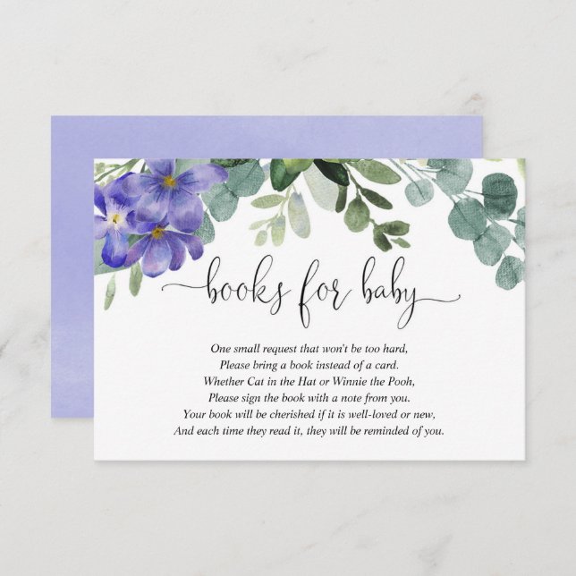 Purple violets greenery baby shower books for baby enclosure card (Front/Back)