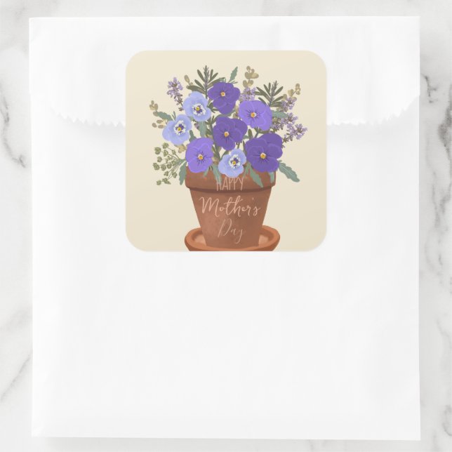 Purple Violets in a Pot – Mother’s Day Floral Square Sticker (Bag)