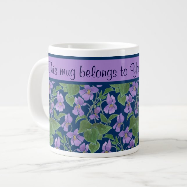 Purple Violets on Dark Blue to Personalise Large Coffee Mug (Front Left)