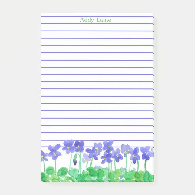 Purple Violets Watercolor Flowers Custom Name Post-it Notes (Front)
