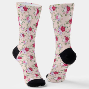 Purple violette red Flower Botanical art on pink Socks