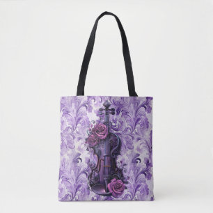 Purple Violin on Lilac Floral Large Shoulder Tote
