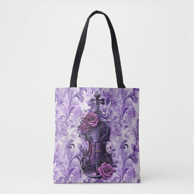 Purple Violin on Lilac Floral  Large Shoulder Tote Bag (Front)