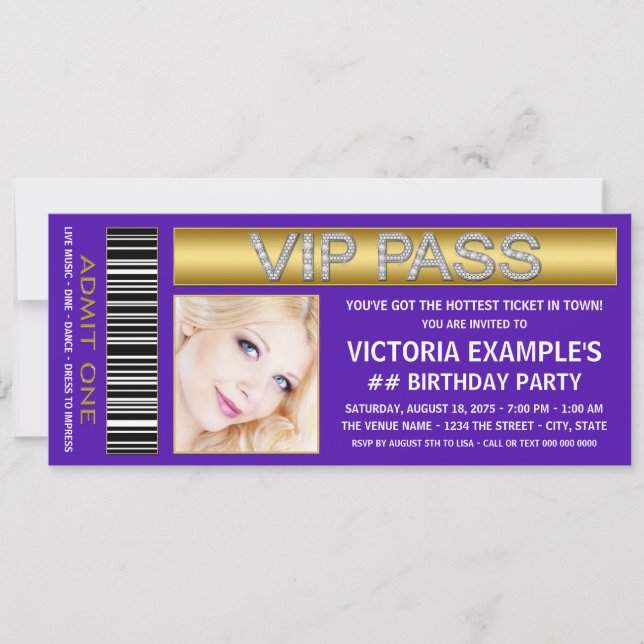 Purple VIP Pass Admission Ticket Birthday Party Invitation (Front)