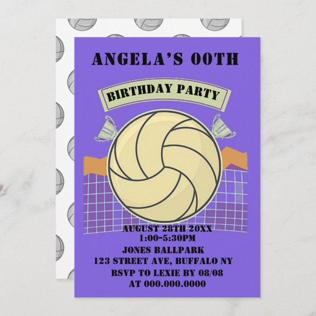 Purple Volleyball Birthday Party Invites (Front/Back)
