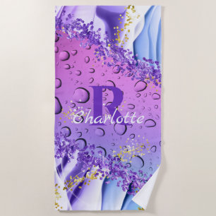 Purple Water Droplets Blue and White Ombre Beach Towel