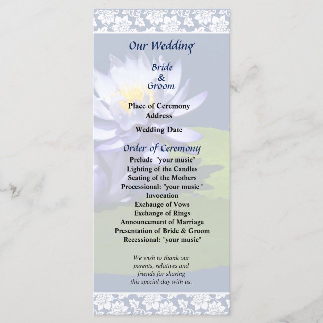 Purple Water Lilies in Sunshine Wedding Program (Front)