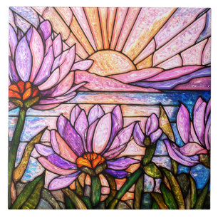Purple Water Lily Faux Stained Glass Sunburst Sun Ceramic Tile