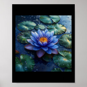 Purple Water Lily Flowers And Lily Pads On A Dark Poster
