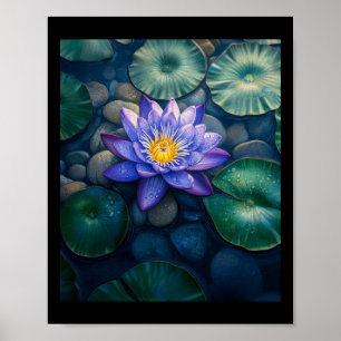 Purple Water Lily Flowers And Lily Pads On A Dark  Poster