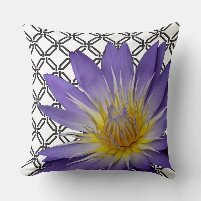 Purple Water Lily on Black and White Cushion (Front)