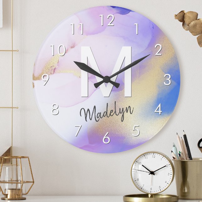 Purple Watercolor Abstract Girly Luxury Monogram Round Clock (Creator Uploaded)