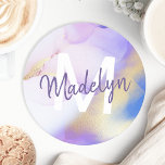 Purple Watercolor Abstract Girly Luxury Monogram Round Paper Coaster<br><div class="desc">Easily personalise this glamourous style abstract lilac watercolor paint and faux gold spray background with your custom details.</div>