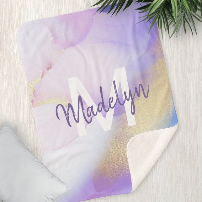 Purple Watercolor Abstract Girly Luxury Monogram Sherpa Blanket (Creator Uploaded)