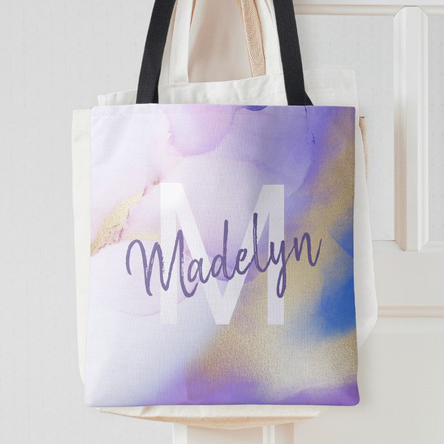 Purple Watercolor Abstract Girly Luxury Monogram Tote Bag (Creator Uploaded)