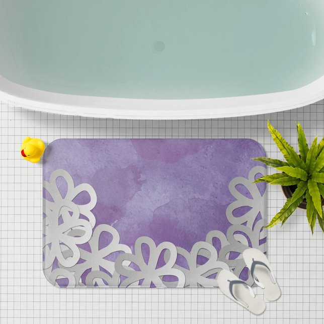 Purple Watercolor and White Flowers Bath Mat (Creator Uploaded)