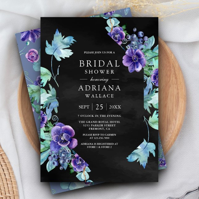 Purple Watercolor Anemones Black Bridal Shower Invitation (Creator Uploaded)