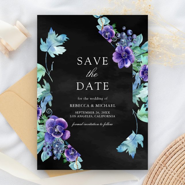 Purple Watercolor Anemones Black Wedding Save The Date (Creator Uploaded)