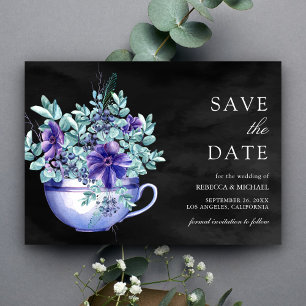 Purple Watercolor Anemones Tea Cup Black Wedding Save The Date