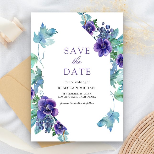 Purple Watercolor Anemones Wedding Save The Date (Creator Uploaded)