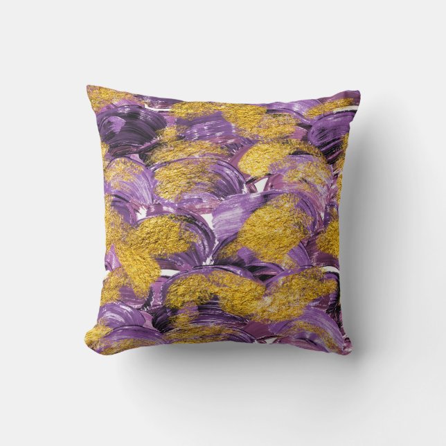Purple Watercolor: Artistic Gold Fusion. Cushion (Front)