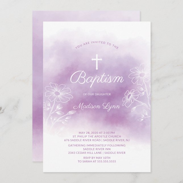Purple Watercolor Baptism Christening Invitation (Front/Back)
