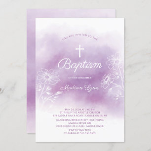 Purple Watercolor Baptism Christening Invitation
