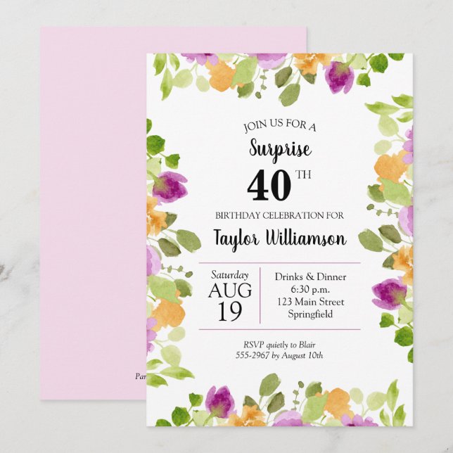 Purple Watercolor Blooms Birthday Invitations (Front/Back)