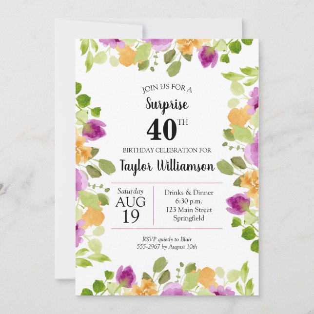 Purple Watercolor Blooms Birthday Invitations (Front)