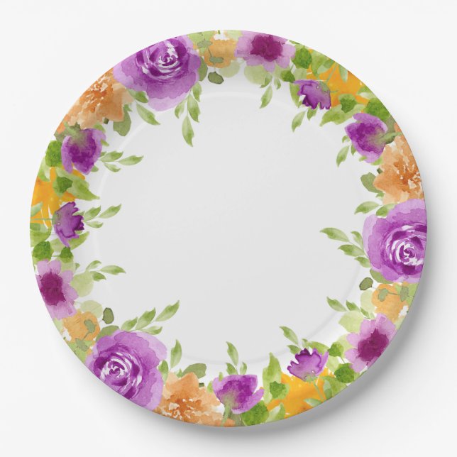 Purple Watercolor Blooms Floral Wedding Paper Plate (Front)