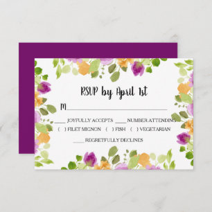 Purple Watercolor Blooms Wedding RSVP Card