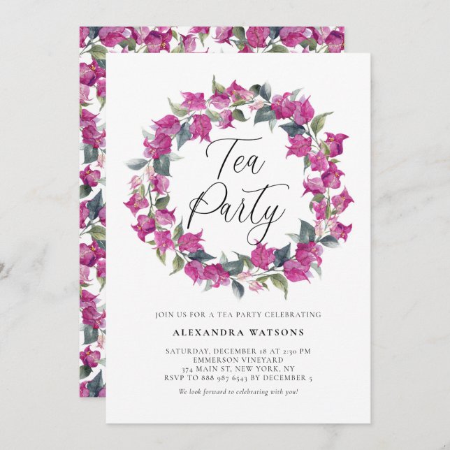 Purple Watercolor Bougainvillea Wreath Tea Party Invitation (Front/Back)