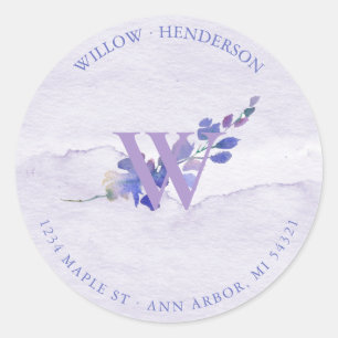 Purple Watercolor Bridal Shower Return Address Classic Round Sticker