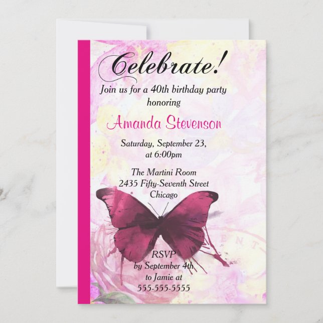 Purple Watercolor Butterfly Birthday Party Invitation (Front)