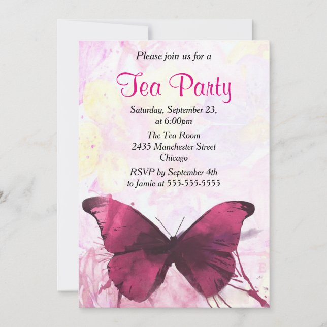 Purple Watercolor Butterfly Tea Party Invitation (Front)
