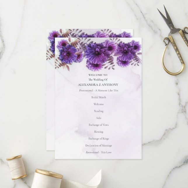 Purple Watercolor Chrysanthemum Wedding Program (Front/Back In Situ)